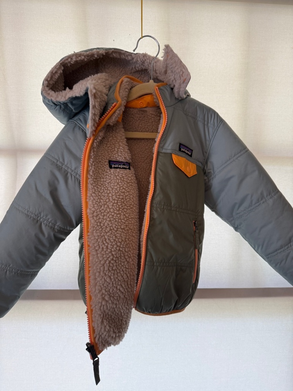 Patagonia Kids Puffer Jacket in Olive Green with Orange Trim